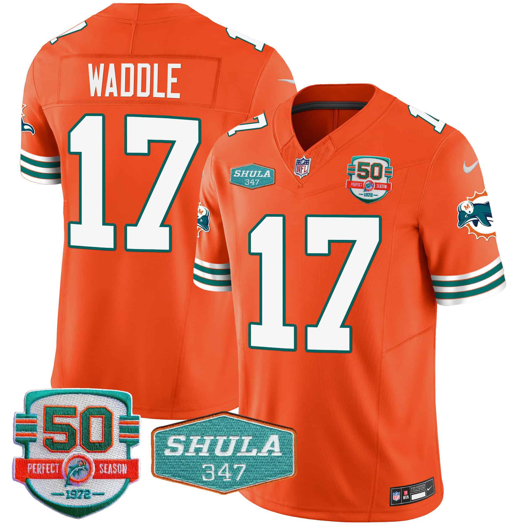 Men Miami Dolphins #17 Waddle Orange 2024 Nike Throwback Shula 347 Patch Vapor NFL Jersey
